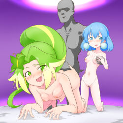 Rule 34 | 1boy, 2girls, absurdres, blonde hair, blue eyes, blue hair, blush, bouncing breasts, breasts, butterfly hair ornament, censored, completely nude, doggystyle, earrings, ffm threesome, green eyes, green hair, groping, group sex, hair ornament, hand on another&#039;s hand, hetero, high ponytail, highres, jewelpet (series), jewelpet magical change, jewelry, larimer (jewelpet), long hair, multicolored hair, multiple girls, navel, nipples, nude, peridot (jewelpet), pussy, sex, sex from behind, shimokou0207, short hair, small breasts, stomach bulge, threesome, two-tone hair, vaginal, viewer self-insert