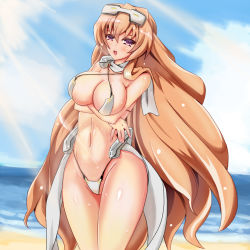 Rule 34 | 1girl, aoi kimi, beach, bikini, blonde hair, breast hold, breasts, brown hair, crossed arms, curvy, female focus, goggles, highres, kyoukaisenjou no horizon, large breasts, long hair, navel, ocean, open mouth, purple eyes, shiny skin, solo, swimsuit, very long hair, wide hips