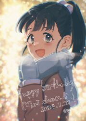 Rule 34 | 1girl, absurdres, artist name, birthday, black eyes, black hair, blue mittens, blue scarf, blurry, blurry background, blush, bow, breath, brown coat, center-flap bangs, character name, child, coat, commentary, dated, dot nose, english text, eyelashes, from side, fukuyama mai, glove bow, hands up, happy birthday, high ponytail, highres, idolmaster, idolmaster cinderella girls, long sleeves, looking at viewer, looking to the side, medium bangs, mittens, outdoors, own hands together, peli can p, pom pom (clothes), ponytail, purple bow, scarf, sidelocks, signature, smile, solo, straight hair, tongue, turning head, upper body, winter, winter clothes, winter coat
