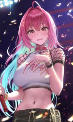 Rule 34 | 1girl, absurdres, ahoge, alternate hair length, alternate hairstyle, bracelet, breasts, collar, confetti, crop top, fang, fishnets, glowstick, hair between eyes, hair intakes, hair ornament, heart-shaped lock, highres, holding, idolmaster, idolmaster cinderella girls, jewelry, large breasts, long hair, looking at viewer, moon (yfsp7823), navel, open mouth, pink eyes, pink hair, raised eyebrows, shirt, skin fang, solo, star (symbol), star hair ornament, tareme, tearing up, white shirt, wristband, yumemi riamu