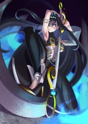 Rule 34 | 1girl, athies, blue eyes, blue hair, bow, breasts, chain, cleavage cutout, clothing cutout, gloves, hair intakes, hair ornament, headband, highres, holding, holding scythe, holding weapon, hololive, hololive english, large breasts, ouro kronii, scythe, shirt, short hair, sleeveless, sleeveless shirt, solo, tank top, underboob, virtual youtuber, weapon