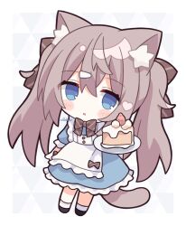 Rule 34 | 1girl, :o, animal ear fluff, animal ears, apron, black footwear, blue dress, bow, brown bow, brown hair, cake, cake slice, cat ears, cat girl, cat tail, chibi, commentary, dress, food, fruit, full body, hair bow, hair ornament, hairclip, heart, highres, long hair, looking at viewer, nakkar, original, parted lips, plate, puffy short sleeves, puffy sleeves, shoes, short sleeves, socks, solo, strawberry, tail, twintails, very long hair, white apron, white background, white socks