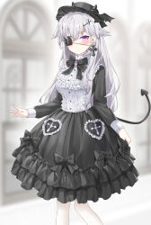 Rule 34 | 1girl, black hat, black skirt, blurry, bow, bowtie, breasts, brooch, buttons, closed mouth, commentary request, commission, cross, cross earrings, demon tail, depth of field, ear piercing, earrings, eyepatch, frilled shirt, frilled skirt, frills, hat, head wings, highres, jewelry, lolita fashion, long hair, long sleeves, looking at viewer, medium breasts, original, piercing, pixiv commission, purple eyes, ronopu, shirt, skirt, solo, standing, tail, white hair, white shirt, wings