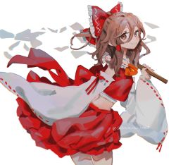 Rule 34 | 1girl, bow, brown eyes, brown hair, commentary, detached sleeves, frilled bow, frills, gohei, hair between eyes, hair bow, hair tubes, hakurei reimu, highres, holding, holding gohei, looking at viewer, medium hair, red bow, red ribbon, red vest, ribbon, ribbon-trimmed collar, ribbon-trimmed sleeves, ribbon trim, sideways glance, signature, skirt, skirt set, smile, sobamushi mo, solo, touhou, vest, waist bow, wide sleeves