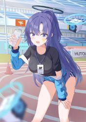 Rule 34 | 1girl, black shirt, blue archive, blue buruma, blue jacket, bottle, buruma, drone, gym shirt, gym uniform, halo, hashtag-only commentary, highres, id card, jacket, jacket partially removed, lanyard, mechanical halo, official alternate costume, partially unzipped, shirt, solo, star sticker, sticker on face, track and field, track jacket, water bottle, yuso mrk315, yuuka (blue archive), yuuka (track) (blue archive)