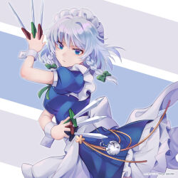 Rule 34 | 1girl, blue background, blue eyes, braid, breasts, closed mouth, commentary request, derivative work, grey background, grey hair, highres, holding, izayoi sakuya, knife, looking at viewer, maid, maid headdress, pocket watch, short hair, short sleeves, side braids, solo, takita (takita040), touhou, touhou lostword, twin braids, watch