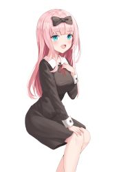Rule 34 | 1girl, :d, black bow, black dress, blue eyes, blunt bangs, blush, bow, breasts, commentary request, dress, feet out of frame, fujiwara chika, hair bow, hand on own chest, hand up, highres, invisible chair, kaguya-sama wa kokurasetai ~tensai-tachi no renai zunousen~, large breasts, leepy, long hair, long sleeves, looking at viewer, medium breasts, neck ribbon, open mouth, pink hair, red ribbon, ribbon, school uniform, shuuchiin academy school uniform, simple background, sitting, smile, solo
