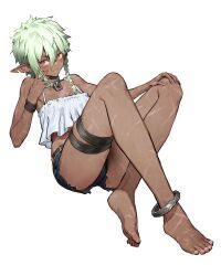 Rule 34 | 1girl, absurdres, anklet, bare arms, bare shoulders, barefoot, black shorts, braid, camisole, chyko7080, closed mouth, collar, commentary, crossed legs, dark-skinned female, dark elf, dark skin, elf, feet, frilled camisole, frills, full body, green hair, hair between eyes, hair over shoulder, hand on own knee, highres, invisible chair, jewelry, knees up, light smile, looking at viewer, metal collar, midriff, notched ear, original, pink eyes, pointy ears, ring, scar, scar on arm, scar on face, scar on hand, scar on leg, scar on stomach, short hair, short shorts, shorts, side braid, sideways glance, simple background, single braid, sitting, solo, thigh strap, toes, white background, white camisole, wristband
