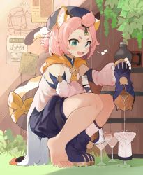 Rule 34 | 1girl, :3, :d, absurdres, animal ear fluff, animal ears, barefoot, blue eyes, boots, bow, brooch, cat ears, cat girl, cat tail, cocktail glass, cup, diona (genshin impact), drinking glass, fang, feet, foot focus, genshin impact, grass, green eyes, hat, highres, jewelry, medium hair, menthako, musical note, on ground, open mouth, outdoors, pink hair, pouring, shoes, shorts, single shoe, smile, solo, spoken musical note, squatting, sweat, tail, tail bow, tail ornament, toes, unworn boots, unworn shoes, unworn socks, wine glass, yellow bow