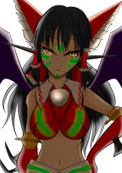Rule 34 | 1girl, arm blade, backlighting, bare shoulders, black hair, bow, breasts, close-up, collared shirt, crossover, elbow gloves, facial mark, forehead mark, frilled bow, frilled hair tubes, frills, fusion, gauntlets, getter robo, gloves, glowing lines, green light, hair bow, hair tubes, hakurei reimu, highres, long hair, looking at viewer, mecha musume, medium breasts, midriff, navel, nontraditional miko, onikudaisukiz, red bow, red shirt, shin getter-1, shin getter robo, shirt, sleeveless, sleeveless shirt, solo, strapless, touhou, tube top, upper body, weapon, white background, wings, yellow eyes