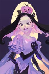 Rule 34 | 1girl, :d, artist name, black gloves, black hair, colored inner hair, commentary, dress, elbow gloves, extra arms, fangs, forehead, frilled sleeves, frills, gloves, halloween, highres, jack-o&#039;-lantern, long hair, looking at viewer, mole, mole under eye, multicolored hair, nose, nostrils, object on head, open mouth, original, own hands together, pink hair, pumpkin, pumpkin on head, purple background, purple eyes, raised eyebrows, rocoa, short sleeves, signature, smile, solo, steepled fingers, symbol-only commentary, teeth, tongue, wide-eyed