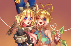 Rule 34 | 2girls, :d, ;d, absurdres, ahoge, alternate color, alternate eye color, alternate hair color, althea jade, animal ears, antenna hair, artist name, blazblue, blonde hair, blue eyes, breasts, chain, cleavage, collar, crop top, elphelt valentine, fingerless gloves, gloves, guilty gear, guilty gear xrd, highres, large breasts, looking at viewer, makoto nanaya, metal collar, multicolored hair, multiple girls, one eye closed, open mouth, revealing clothes, smile, spiked collar, spikes, squirrel ears, tonfa, two-tone hair, underboob, weapon