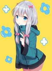 Rule 34 | 10s, 1girl, :o, bad id, bad twitter id, blue eyes, blush, bow, commentary request, eromanga sensei, hair bow, highres, izumi sagiri, izumo neru, long hair, looking at viewer, open mouth, pink bow, silver hair, solo