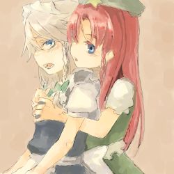 Rule 34 | 2girls, blue eyes, braid, breasts, embodiment of scarlet devil, female focus, grabbing, grabbing another&#039;s breast, hairband, hat, hong meiling, izayoi sakuya, long hair, lowres, maid, multiple girls, open mouth, red hair, ribbon, short hair, silver hair, simple background, small breasts, standing, takishima asaka, touhou, yuri