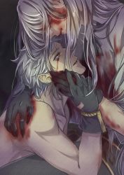 Rule 34 | 2boys, adam (nier:automata), blood, blood from mouth, blood on face, blood on clothes, claw (weapon), dying, eve (nier:automata), eyelashes, gloves, hair over face, hand on another&#039;s face, highres, hand grab, long hair, looking at another, male focus, multiple boys, nier (series), nier:automata, omi (tomatopu-n), red eyes, topless male, short hair, siblings, tearing up, weapon, white hair