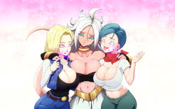 Rule 34 | 3girls, absurdres, alternate breast size, android 18, android 21, bishie sparkle, black tube top, blonde hair, blue hair, blush, breasts, bulma, closed mouth, collarbone, colored skin, dragon ball, dragon ball fighterz, dragonball z, hair between eyes, highres, huge breasts, hypnosis, large breasts, ledy, long hair, looking at another, majin android 21, midriff, mind control, multiple girls, navel, pants, pink eyes, pink skin, shiny skin, shirt, simple background, sparkle background, strapless, tail, tongue, tongue out, tube top, white hair, white shirt