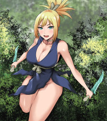 Rule 34 | 1girl, :d, alternate breast size, bare shoulders, blonde hair, blue eyes, breasts, cleavage, curvy, dated, day, dr. stone, dual wielding, holding, holding knife, knife, kohaku (dr. stone), large breasts, no panties, open mouth, outdoors, ponytail, shibusun, smile, solo, standing, standing on one leg, thighs, tree, wide hips