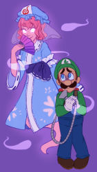Rule 34 | 1boy, 1girl, blank eyes, blue eyes, blue headwear, blue kimono, blue overalls, brown footwear, brown hair, colored skin, commentary, crossover, darkwingcore, english commentary, floral print, folding fan, full body, ghost, ghost tail, gloves, glowing, glowing eyes, green headwear, green shirt, hand fan, hat, highres, hitodama, japanese clothes, kimono, luigi, luigi&#039;s mansion, mario (series), mob cap, nervous, nintendo, obi, overalls, parody, pink hair, pink skin, poltergust g-00, purple background, saigyouji yuyuko, sash, shirt, shoes, short hair, simple background, smile, style parody, sweat, touhou, trait connection, triangular headpiece, turn pale, white gloves, wide sleeves