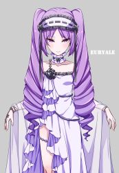 Rule 34 | 1girl, bare shoulders, black bow, blush, bow, bracelet, character name, closed mouth, collarbone, drill hair, euryale (fate), fate/grand order, fate (series), grey background, headdress, highres, jewelry, long hair, looking at viewer, purple eyes, purple hair, sajiwa (namisippo), simple background, smile, solo, twin drills, very long hair