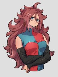 Rule 34 | 1girl, android 21, blue eyes, breasts, checkered clothes, checkered dress, closed mouth, dragon ball, dragon ball fighterz, dress, earrings, glasses, grey background, hair between eyes, hoop earrings, jewelry, kemachiku, long hair, looking at viewer, medium breasts, red hair, simple background, solo