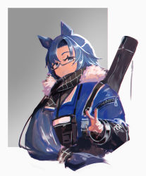 Rule 34 | 1girl, absurdres, arknights, bannouyakunta, black neckwear, blue eyes, blue hair, blue jacket, fang (arknights), fang (cruciata) (arknights), forehead, glasses, grey background, grin, hair between eyes, highres, jacket, long hair, looking at viewer, official alternate costume, open mouth, ponytail, scarf, smile, solo, teeth, two-tone background, v, weapon case