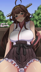 Rule 34 | 1girl, ahoge, bare shoulders, blush, breasts, brown eyes, brown hair, headgear, japanese clothes, kantai collection, katou techu, kongou (kancolle), large breasts, long hair, looking at viewer, nontraditional miko, sitting, skirt, sleeveless, smile, solo