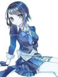 Rule 34 | 1girl, absurdres, arm support, black gloves, black hair, black jacket, black skirt, blue hair, blue neckerchief, breasts, closed mouth, collared shirt, commentary request, commission, cosplay, cropped jacket, denonbu, fingerless gloves, gloves, green eyes, hair ornament, highres, idol clothes, idolmaster, idolmaster cinderella girls, invisible chair, jacket, kanipoposu, large breasts, long sleeves, looking at viewer, multicolored hair, neckerchief, next frontier (idolmaster), pleated skirt, seto mitsuki (denonbu), shirt, short hair, simple background, sitting, skeb commission, skirt, solo, streaked hair, thigh strap, white background, white shirt, x hair ornament