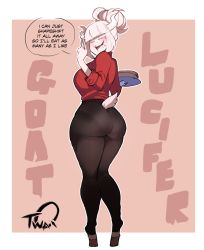 Rule 34 | 1girl, ahoge, alternate form, ass, black pants, blunt bangs, breasts, character name, closed eyes, clothing cutout, collared shirt, colored skin, commentary, demon girl, english commentary, english text, food, food on face, fork, from behind, full body, furry, furry female, goat girl, goat tail, hair bun, helltaker, highres, hooves, horns, large breasts, lucifer (helltaker), mole, mole under eye, nyantcha, open mouth, pancake, pants, pantylines, red shirt, shirt, single hair bun, sleeves pushed up, solo, speech bubble, standing, tail, tail through clothes, updo, white horns, white skin, wide hips