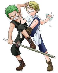 Rule 34 | 2boys, apron, blonde hair, child, fight, green hair, hair over one eye, male focus, multiple boys, one piece, roronoa zoro, sanji (one piece), sash, time paradox, aged down