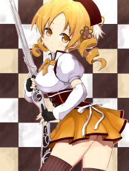 Rule 34 | 10s, 1girl, bad id, bad pixiv id, beret, blonde hair, breasts, brown thighhighs, checkered background, corset, detached sleeves, drill hair, fingerless gloves, gloves, gun, hair ornament, hairpin, hat, highres, large breasts, magical girl, magical musket, mahou shoujo madoka magica, mahou shoujo madoka magica (anime), pleated skirt, puffy sleeves, ribbon, rifle, shirt, skindentation, skirt, solo, striped clothes, striped thighhighs, taut clothes, taut shirt, thighhighs, tomoe mami, twin drills, twintails, vertical-striped clothes, vertical-striped thighhighs, weapon, yamamoto tama, yellow eyes, zettai ryouiki