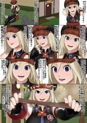 Rule 34 | 1girl, alisa ilinichina amiella, blonde hair, blue eyes, couch, god eater, hat, highres, koukou panchi, long hair, looking at viewer, open mouth, see-through, see-through legwear, sitting, translated