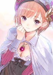 Rule 34 | 1girl, atelier (series), atelier rorona, breasts, brown hair, cleavage, female focus, frills, hat, highres, jewelry, kishida mel, long sleeves, necklace, official art, rororina fryxell, sketch, solo