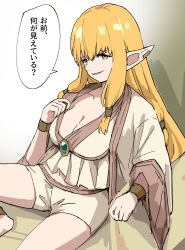 Rule 34 | 1girl, blonde hair, breasts, brooch, cleavage, commentary, elf, gem, green gemstone, highres, jewelry, large breasts, long hair, looking at viewer, parted lips, pointy ears, robe, serie (sousou no frieren), shorts, sitting, solo, sousou no frieren, speech bubble, tenten (chan4545), throne, white robe, white shorts, wide sleeves, yellow eyes