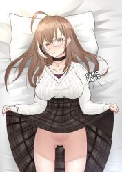 Rule 34 | 1girl, absurdres, artist name, ass, berry, black choker, blush, breasts, brown hair, brown skirt, casual, choker, cleft of venus, clothes lift, earrings, food-themed earrings, glasses, gluteal fold, hair down, hand up, high tops, highres, holocouncil, hololive, hololive english, jewelry, large breasts, lifted by self, long hair, long skirt, looking at viewer, nanashi mumei, nanashi mumei (casual), necklace, no panties, official alternate costume, official alternate hairstyle, on bed, plaid, plaid skirt, pussy, red shirt, rikokenz, round eyewear, shirt, shoes, skirt, skirt lift, sneakers, solo, sweater, underwear, virtual youtuber, white sweater