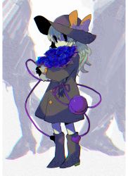 Rule 34 | 1girl, alternate costume, black coat, black footwear, black hat, blue eyes, blue flower, blue rose, boots, bouquet, bow, buttons, coat, covered mouth, flower, full body, green hair, hair between eyes, hat, hat bow, holding, holding bouquet, komeiji koishi, long hair, looking afar, rose, solo, soumenhiyamugi, standing, third eye, touhou, yellow bow
