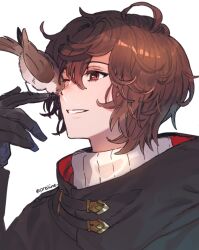 1boy ahoge bird bird_on_hand brown_hair commentary_request gloves granblue_fantasy hair_between_eyes happy hood hooded_jacket jacket male_focus messy_hair one_eye_closed portrait preline red_eyes sandalphon_(granblue_fantasy) sandalphon_(valentine)_(granblue_fantasy) short_hair smile solo sweater turtleneck turtleneck_sweater white_background