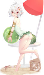 Rule 34 | 1girl, absurdres, anchor symbol, antenna hair, ass, backless swimsuit, bare legs, bare shoulders, barefoot, bikini, blush, commentary request, flower, food, frills, fruit, full body, hair between eyes, hair flower, hair ornament, highres, kokkoro (princess connect!), kokkoro (summer) (princess connect!), leg up, long sleeves, looking at viewer, looking to the side, one-piece swimsuit, open mouth, painttool sai (medium), photoshop (medium), pink flower, pointy ears, princess connect!, red eyes, sand, see-through, short hair, silver hair, simple background, smile, solo, standing, standing on one leg, starfish, swimsuit, watermelon, white background, white flower, wu yao jun