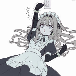 Rule 34 | 1girl, android, apron, arm up, black dress, cable, dress, electrical outlet, grey eyes, grey hair, hair intakes, highres, holding, holding cable, lying, maid, maid headdress, on back, open mouth, original, puffy short sleeves, puffy sleeves, robot ears, short sleeves, sidelocks, simple background, smile, solo, white apron, white background, yoineya