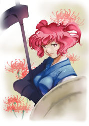 Rule 34 | 1girl, breasts, female focus, hair bobbles, hair ornament, holding, holding weapon, japanese clothes, kimono, onozuka komachi, polearm, red eyes, red hair, scythe, short hair, solo, touhou, upper body, weapon, wi-z garage