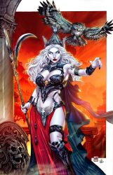 1girl absurdres architecture armlet armored_boots bird black_cape black_nails blank_eyes boots breasts cape cleavage colored_skin greco-roman_architecture helmet highres holding holding_scythe jewelry knee_boots lady_death lady_death_(character) large_breasts long_hair long_skirt looking_at_viewer mike_krome owl pelvic_curtain pillar red_lips red_skirt scythe shield side_slit skirt solo sunset white_hair white_skin