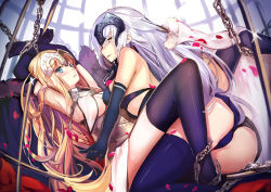 Rule 34 | 2girls, ass, black legwear, blonde hair, blue eyes, blush, breasts, cleavage, fate/grand order, fate (series), jeanne d&#039;arc (fate), jeanne d&#039;arc (ruler) (fate), jeanne d&#039;arc alter (avenger) (fate), jeanne d&#039;arc alter (avenger) (third ascension) (fate), jeanne d&#039;arc alter (fate), large breasts, long hair, looking at viewer, multiple girls, parted lips, spirtie, thighhighs, white hair, yellow eyes