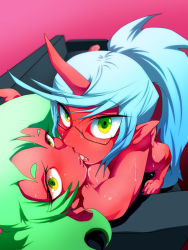 Rule 34 | 10s, 2girls, blue hair, breasts, caught, colored skin, couch, demon girl, eyelashes, fang, girl on top, glasses, green eyes, green hair, horns, incest, kiss, kneesocks (psg), long hair, looking at viewer, medium breasts, missionary, multicolored eyes, multiple girls, nabe (ingenmame), nude, panty &amp; stocking with garterbelt, pointy ears, ponytail, pov, red skin, scanty (psg), semi-rimless eyewear, siblings, silver hair, single horn, sisters, sweat, tongue, under-rim eyewear, yellow eyes, yuri