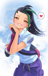 Rule 34 | 1girl, backpack, bag, black hair, blush, brown eyes, collared shirt, commentary, creatures (company), day, eyelashes, game freak, green hair, grin, hands up, heart, highres, interlocked fingers, multicolored hair, necktie, nemona (pokemon), nintendo, outdoors, own hands together, pokemon, pokemon sv, ponytail, purple necktie, purple shorts, school uniform, shioremon, shirt, short sleeves, shorts, smile, solo, sparkle, spoken heart, symbol-only commentary, teeth, two-tone hair, uva academy school uniform