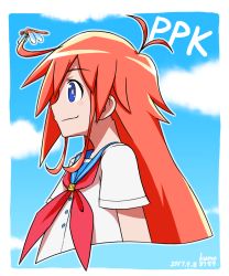 Rule 34 | 1girl, animal, animal on head, antenna hair, artist name, blouse, blue eyes, blue sailor collar, blush stickers, border, bug, character name, dated, flip flappers, from side, highres, kumo (kumo8159), neckerchief, on head, papika (flip flappers), profile, red hair, red neckerchief, sailor collar, school uniform, shirt, smile, solo, white border, white shirt