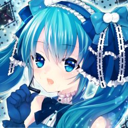 Rule 34 | 1girl, blue eyes, blue hair, blush, bow, dress, eyebrows, gloves, hair bow, hatsune miku, long hair, looking at viewer, matching hair/eyes, microphone, mofuruo, open mouth, ribbon, solo, twintails, vocaloid