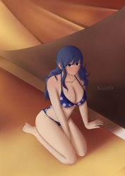 Rule 34 | 1girl, absurdres, arm at side, armpits, artist name, barefoot, between legs, bikini, blue bikini, blue eyes, blue hair, blush, breasts, cleavage, closed mouth, collarbone, evening, eyelashes, fairy tail, feet, female focus, fingernails, from above, full body, hair between eyes, hand between legs, hand on ground, happy, highres, juvia lockser, kneeling, knees together feet apart, large breasts, legs, legs together, long hair, looking at viewer, midriff, navel, neck, outdoors, polka dot, polka dot bikini, sidelocks, smile, soles, swimsuit, thighs, thighs together, toes, wavy hair