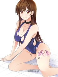 Rule 34 | 1girl, artist name, bare arms, bare legs, bare shoulders, blue one-piece swimsuit, body writing, breasts, brown eyes, brown hair, choker, cleavage, closed mouth, ear piercing, earrings, female focus, gs (onsen syndicate), highres, jewelry, kanojo okarishimasu, large breasts, leg tattoo, legs, long hair, looking at viewer, mizuhara chizuru, nipple piercing, nipple slip, nipples, one-piece swimsuit, piercing, simple background, smile, solo, swept bangs, swimsuit, tally, tattoo, thighs, tile floor, tiles, torn clothes, torn swimsuit, white background