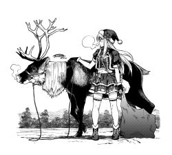 Rule 34 | 1girl, blush, boots, breath, closed mouth, eve santaclaus, greyscale, hat, highres, holding, holding sack, idolmaster, idolmaster cinderella girls, idolmaster cinderella girls starlight stage, midriff, miniskirt, monochrome, name connection, navel, pleated skirt, reindeer, sack, santa hat, short sleeves, simple background, skirt, smile, solo, standing, tachibana roku, thighhighs, white background