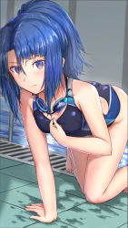 Rule 34 | 1girl, absurdres, alice gear aegis, ass, blue hair, competition swimsuit, eyes visible through hair, female focus, food, goggles, goggles around neck, highres, legs, looking at viewer, one-piece swimsuit, origami yakko, ponytail, pool, poolside, purple eyes, sidelocks, solo, swimsuit, takanashi rei, thighs