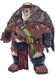 Rule 34 | 1boy, ainu clothes, animal ears, bara, bear boy, bear ears, brown fur, bulge, chest hair, facepaint, furry, furry male, gloves, green eyes, headband, kimun kamui (housamo), large pectorals, legband, looking at viewer, muscular, muscular male, navel, nipples, official art, okusu (oaks16), pectorals, pelt, pelvic curtain, red pupils, scar, scar on face, scar on mouth, short hair, stomach, sword, thick thighs, thighs, tokyo houkago summoners, transparent background, underpec, weapon, white hair